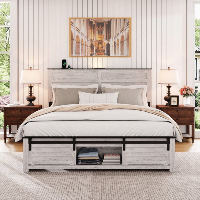 Cadre de grand lit avec tête de lit tapissier et plateforme en bois, tête de lit avec station de charge et DEL, cadre de lit avec lit pour animal de compagnie, sans bruit