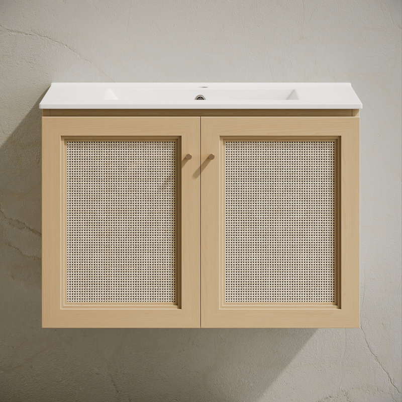 Meuble-lavabo mural 30 po en chêne naturel Cinaed avec comptoir à un trou, Brun, Trou unique