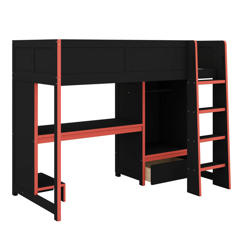 Wood Twin Size Gaming Loft Bed With Built-In Desk, Wardrobe, LED And A Drawer, Twin