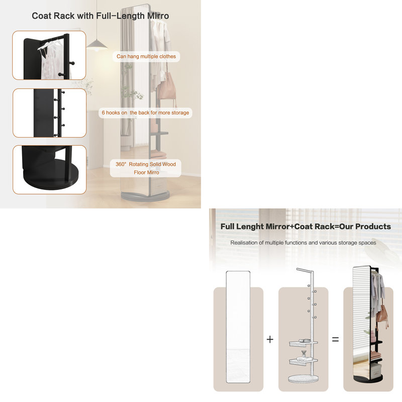 Black Solid Wood Full-Length Mirror with Coat Rack