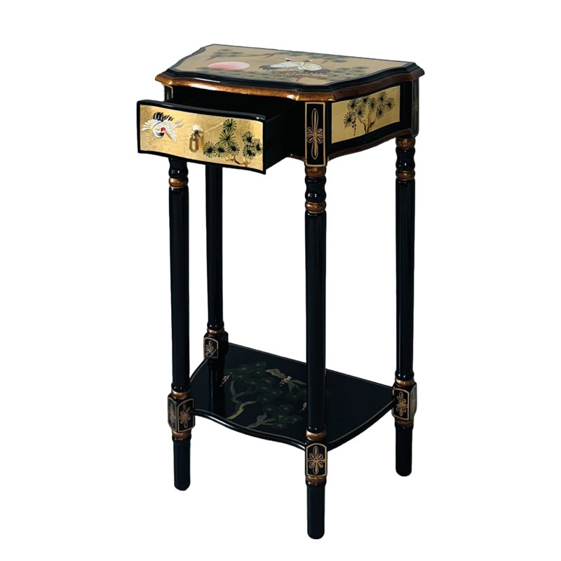 Gold Leaf Ronit Side Table with Drawer and Shelf, Hand Painted Cranes
