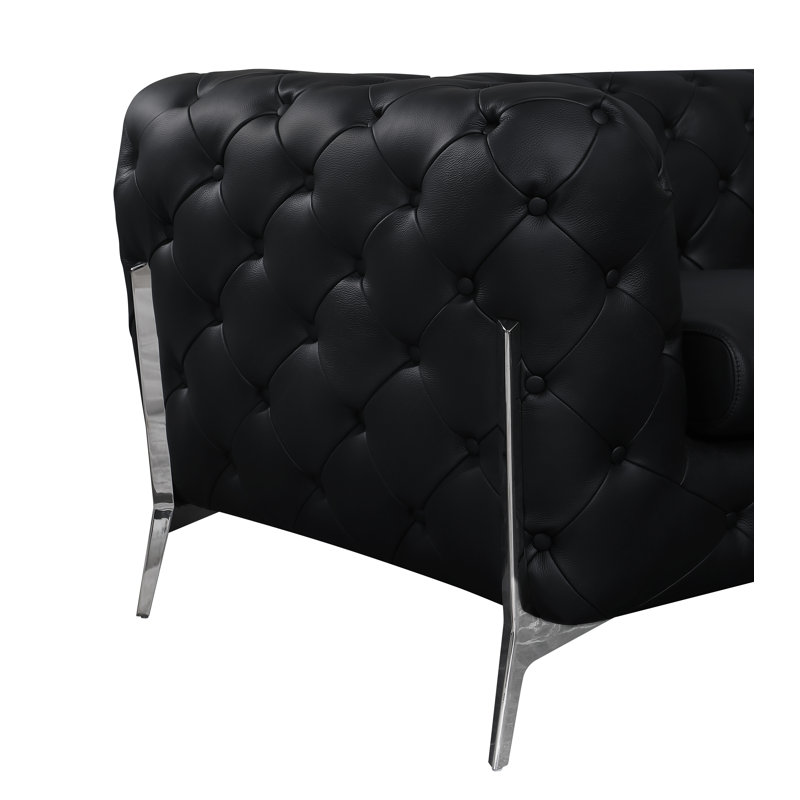 Ensemble de canapé, de causeuse et de chaise en cuir italien 3 pièces Ehrika, Argent, Cuir véritable noir