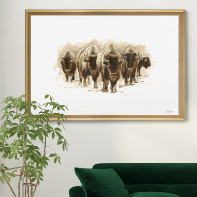 Herd Of Bison I - Matted and Framed Under Acrylic Glass, Large Living Room Wall Art