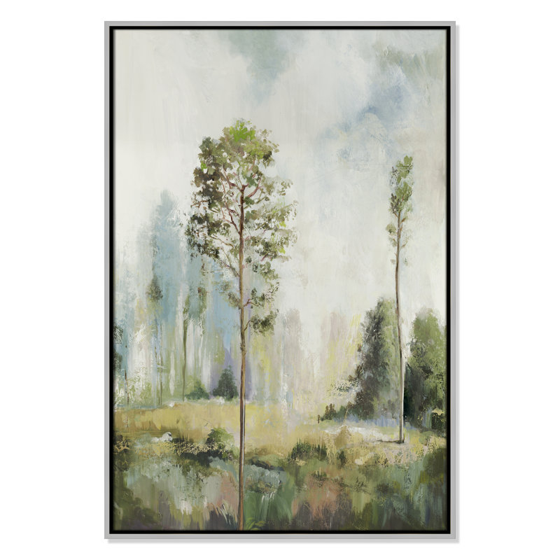 Teton Tall Green Trees I by Teton Pearce - Floater Frame Print on Canvas, 37.5" H x 25.5" W, Silver