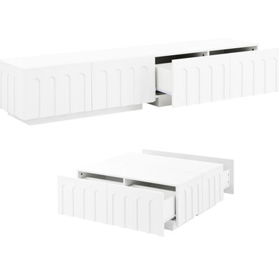 Ensemble de meuble télé blanc et table basse, la conception arquée apporte une touche de sophistication, combinable pour de multiples utilisations, un grand rangement caché dans 8 tiroirs, une télévision idéale jusqu'à 80 po, une conception élégante