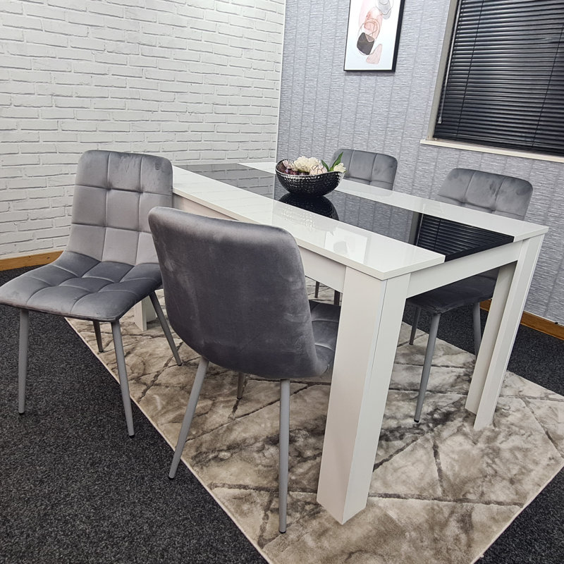 Dining Table Wooden White And Black Table Tufted Velvet Grey Or Black Chairs Set, Grey