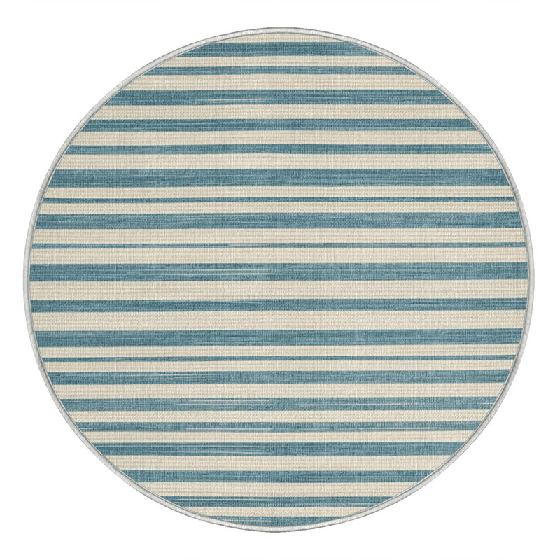Washable Powder Blue White Striped Area Rug, Round 3'