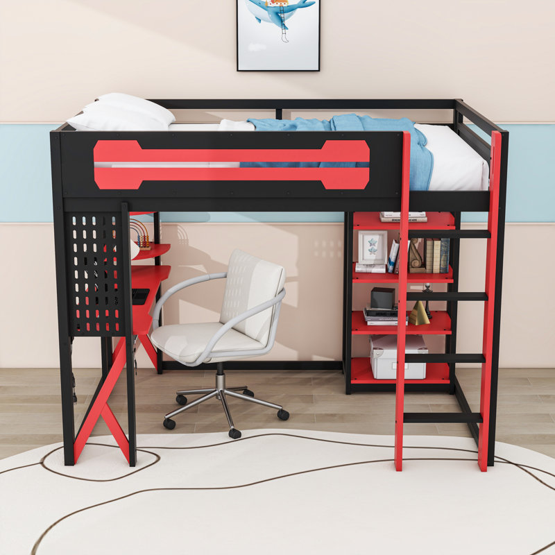 Full Wood Loft Bed with Desk, Shelves, LED Light and Power Outlet, Black Red