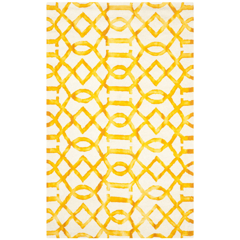 Tapis jaune en laine touffeté à la main à motif géométrique, Rectangle 4 pi x 6 pi