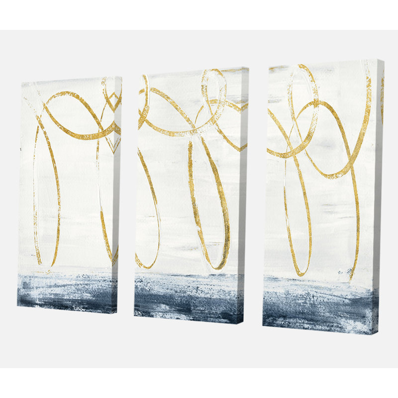 Forme géométrique abstraite dorée - ensemble de 3 reproductions d'art sur toile tendue, H 32 po x l 48 po x P 1 po