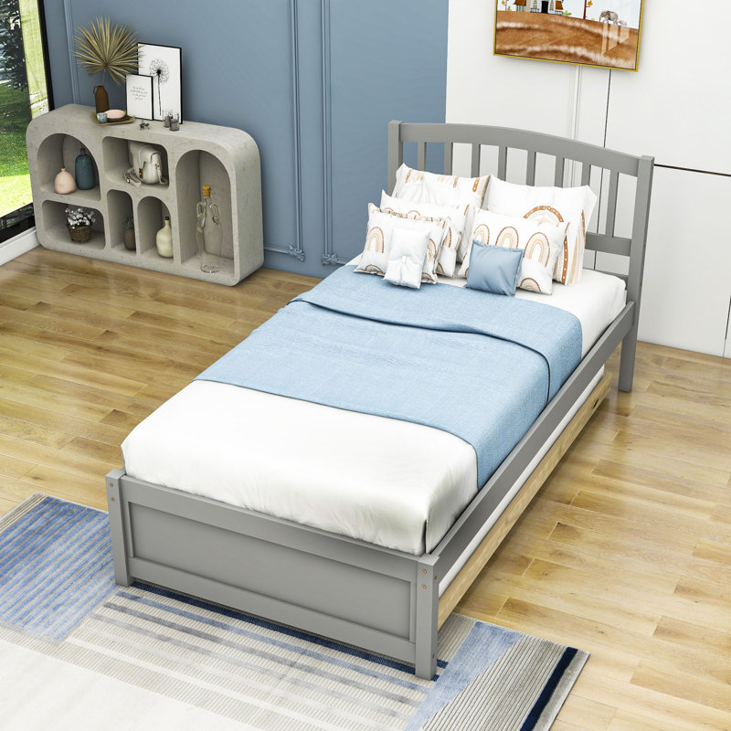Lit plateforme simple en bois avec lit gigogne simple, gris