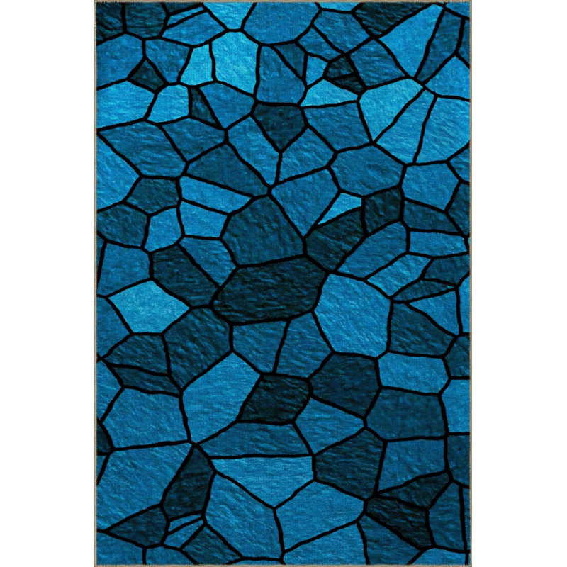 Tapis bleu lavable à motif géométrique bleu, Rectangle 3 pi 3 po x 4 pi 11 po 
