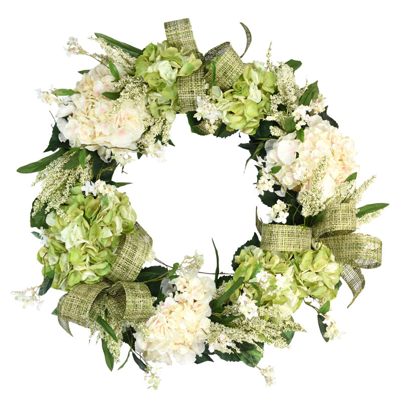 28" Grapevine Wreath With White And Green Hydrangea, Cream Heather And Wild Spray With Bows