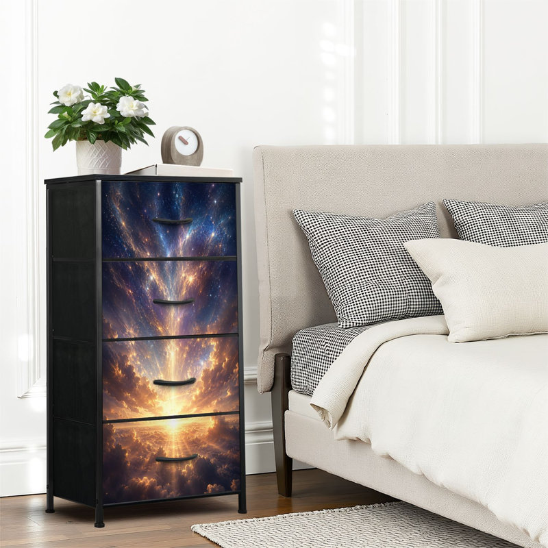 Commode 4 tiroirs pour chambre à coucher, commode étroite, plateau en bois et structure en fer 18 po x 37,5 po (lxH) - avec des nuages dramatiques au lever du soleil