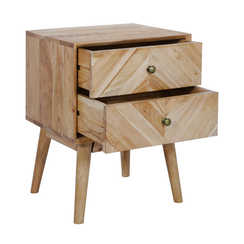 Emet Semi-Assembled Solid Wood 2-Drawer Nightstand, Beige