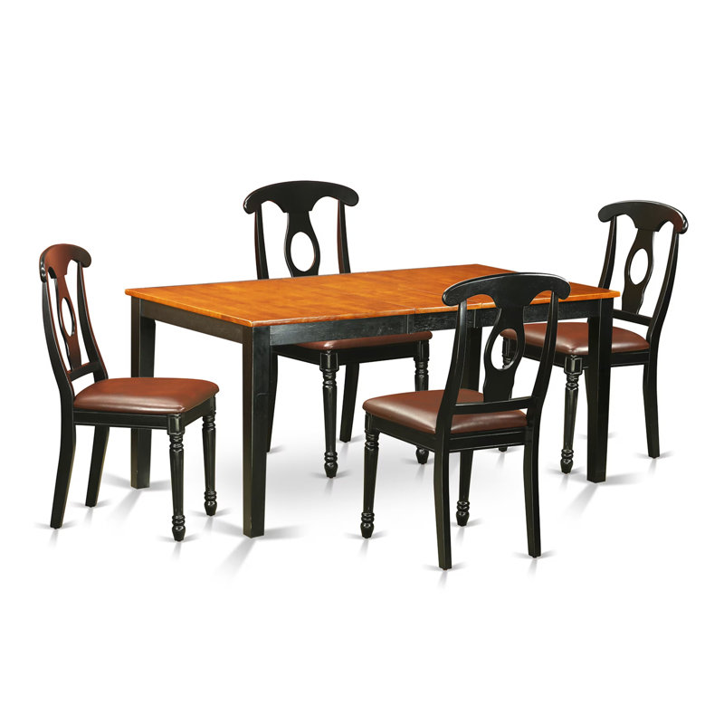5 Piece Dining Room Set Includes a Rectangle Kitchen Table with Butterfly Leaf and 4 Faux Leather Upholstered Chairs, Black & Cherry
