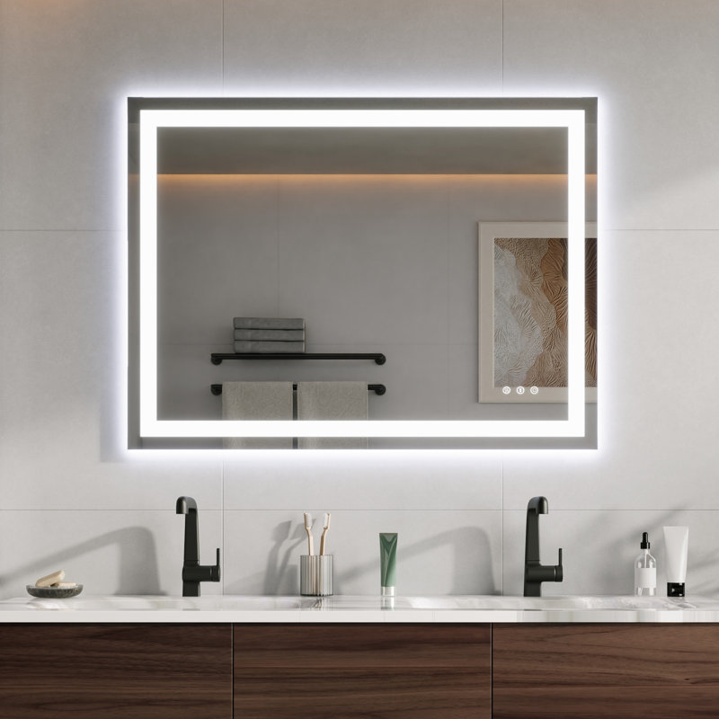 Miroir de salle de bain à DEL avant et rétroéclairé de 40 po x H 30 po - antibuée, lumière tricolore à intensité variable, capteur tactile, fixation murale horizontale / verticale