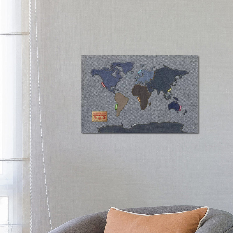 Denim Map of The World by Michael Tompsett - 1 Piece Wrapped Canvas Wall Art, 66.04 cm H x 45.72 cm W x 3.175 cm D