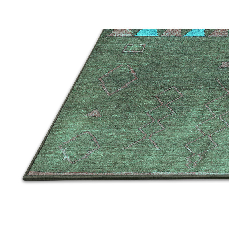 Tapis turquoise / bleu en laine tissé à la machine Dequinn, Rectangle 8 pi x 12 pi