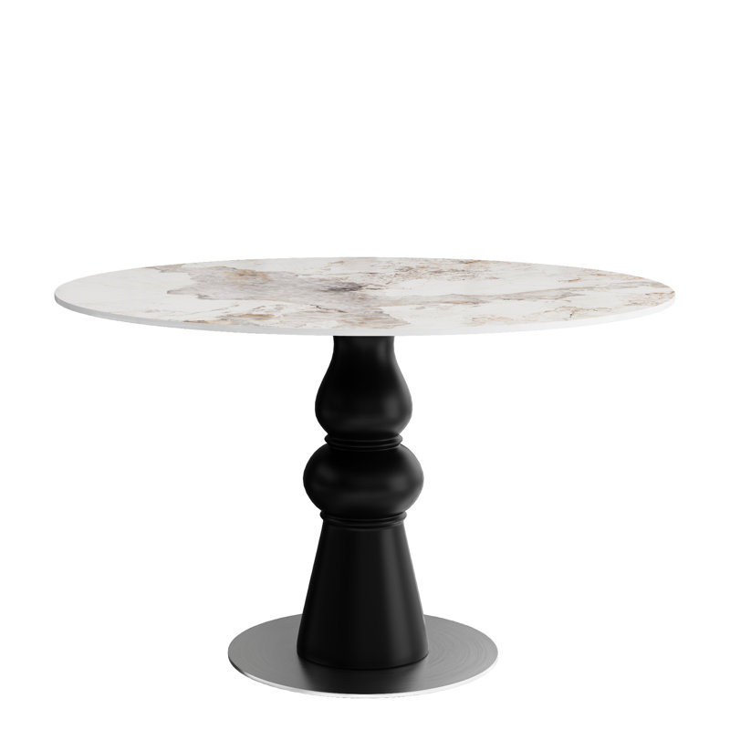 Table de salle à manger ronde 43 po, plateau en pierre frittée, base en bois massif, style victorien, finition brillante dans les sièges de cuisine 4