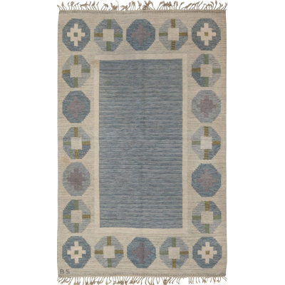 Vintage One-of-a-Kind Rectangle 5'1" X 8'3" 1950s Wool Area Rug in Blue/Gray/Green