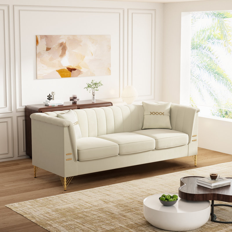Canapé moderne en velours beige avec 2 coussins modernes, 82,67 pouces, dossier vertical et support, mousse haute, accoudoirs évasés, sièges de style Mid-Century, look luxueux