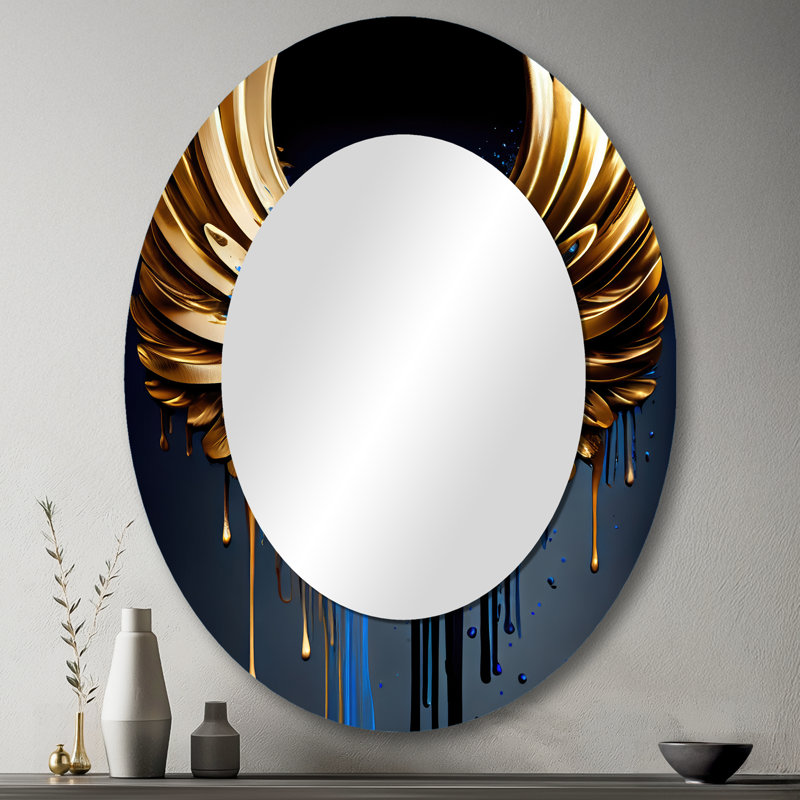 Miroir mural bleu et or avec ailes d'ange III, 43 po x 33 po