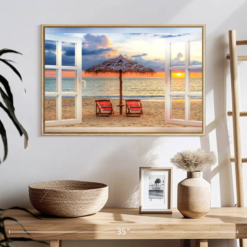 Fenêtre sur l'été Faustine, 25 po x 17 po, Cadre flottant en bois naturel