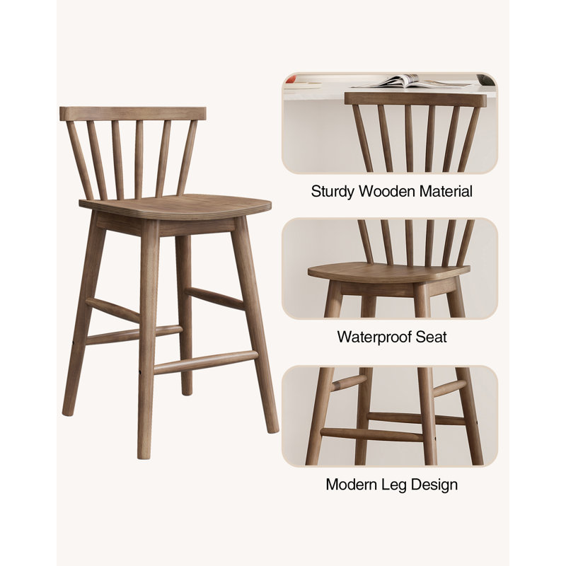 Tabouret de comptoir moderne en bois massif de 24 po, tabourets pour îlot de cuisine avec dossier, Brun, 6