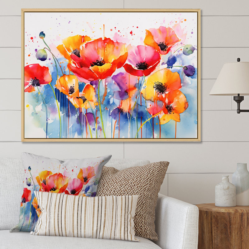 Vibrant Poppies II - Art mural sur toile florale, H 16 po x l 32 po, Cadre photo noir