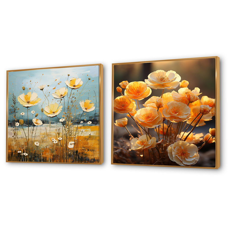 Buttercups jaune, pêche, noir et blanc - ensemble de 2 collages floraux carrés, H 16 po x l 33 po, Cadre flottant doré