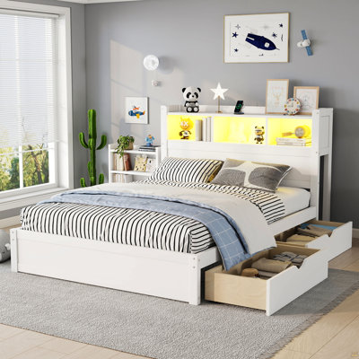 Full Size Bed With Drawers, Wood Full Bed With Storage Headboard And Pull Out Storage Cabinet, Wood Bed With Light And Socket