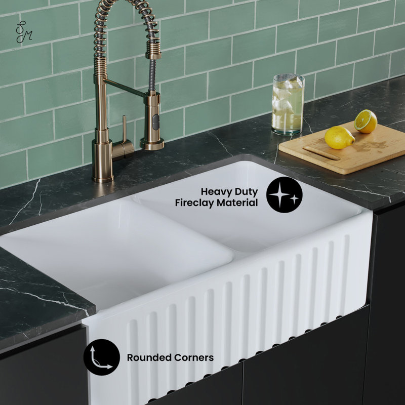 Delice 33" Double Basin Fireclay Farmhouse Kitchen Sink In Glossy White
