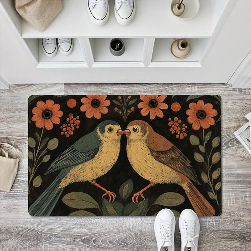 Two Birds with Flowers Doormat, 24 x 36, for Front Door