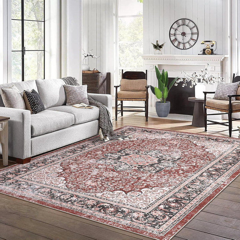 2x6 Vintage Floral Runner Rug – Washable, Non-Slip, Ultra-Thin Carpet for Entryway, Kitchen, Laundry (Rust)