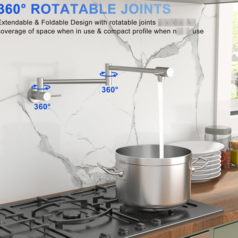 Brushed Nickel Pot Filler, Wall Mount, Single Hole, Two - Handle, 360 Rotating, Foldable Arm To Save Kitchen Counter Space For Quick Filling Hole Mount Filler Faucet, Nickel, Handles, Design