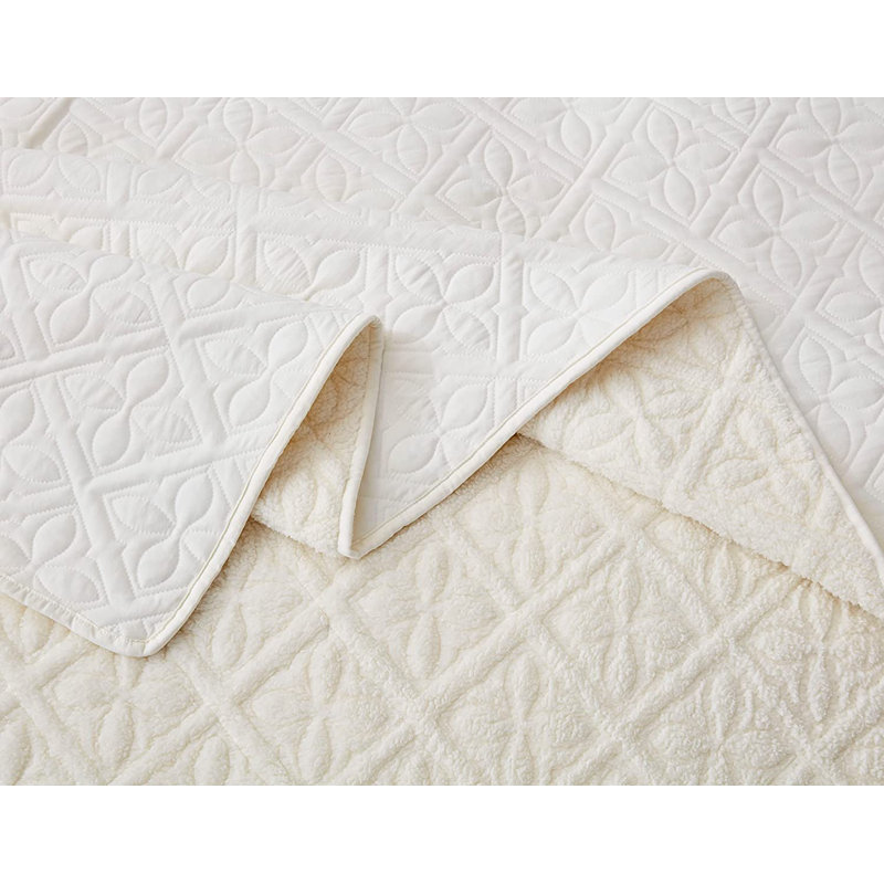 3 - Piece Reversible Floral Quilt Set, Sherpa Blanket with Shams, Queen Quilt + 2 Standard Shams, White