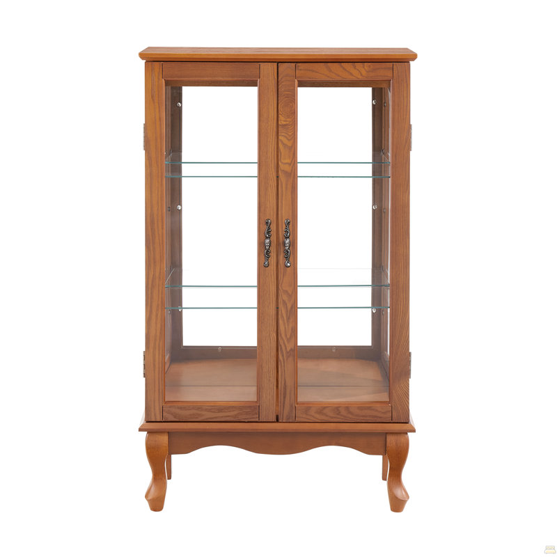 Vitrine 2 portes avec portes en verre trempé, panneau arrière en miroir et tablettes réglables, Chêne foncé