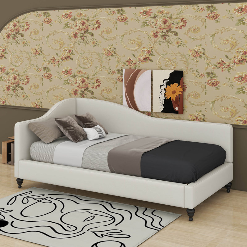 L-Shaped Linen Daybed With Solid Wood Legs, Beige, Twin