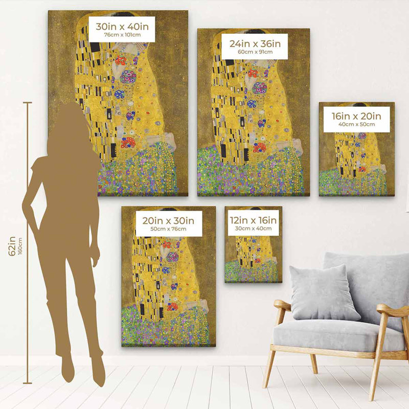 «Cayeman Beige The Kiss», art mural sur toile 7949 par Gustav Klimt, H 20 po x l 30 po, Cadre flottant blanc
