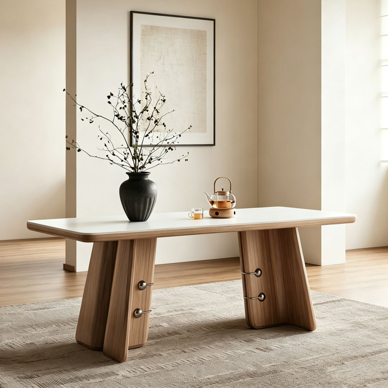 Table Mid-Century en pierre frittée, 29.5" H x 31.5" W x 63" D