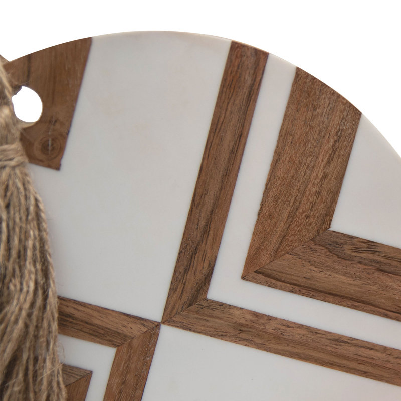 Round White Wood and Resin Cutting Board with Jute Tassel
