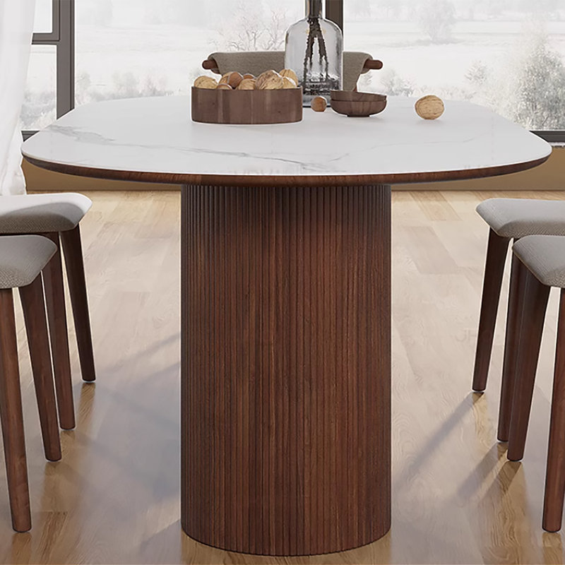 Maxsony 71" Mid Century Dining Table with Glossy Stone Tabletop, Rectangular  Kitchen Table with Solid Wood Double Pedestal for 6