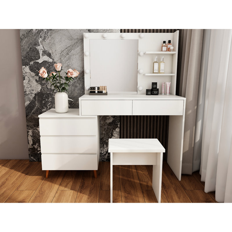 Led Lighted Beauty Vanity With White Finish, Drawers, And Matching Stool, Ideal For Makeup Application, , 53.86 In Depth, 15.29 Width Mirror, Compartments, Material,