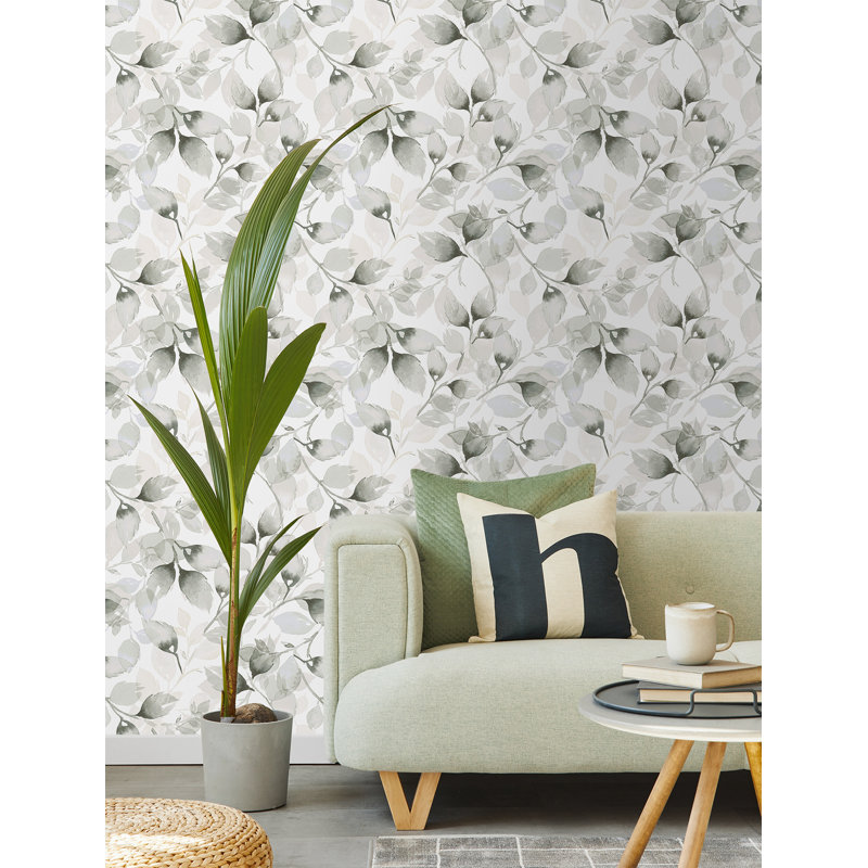 Watercolor Tossed Leaves Peel and Stick Luxe Haven Wallpaper, Sea Salt/Harbor Mist