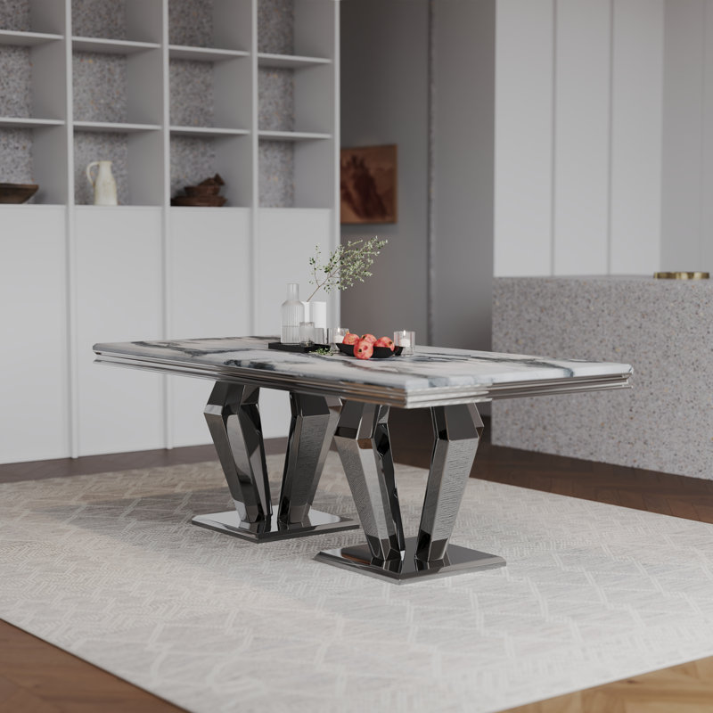 78" Dining Table with Mirrored Metal Base , Silver, Silver