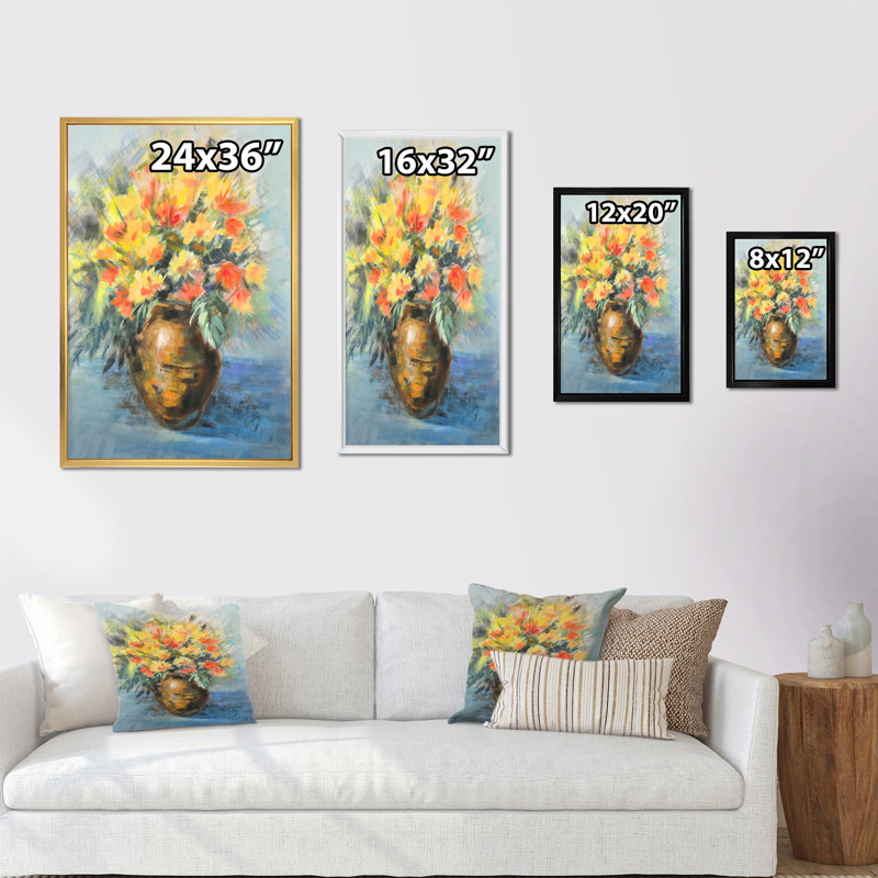 Fleurs d'été jaunes et oranges - art mural traditionnel sur toile, L 16 po x H 32 po x P 1,5 po