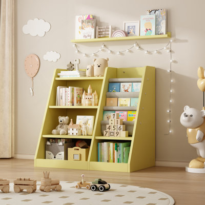 Étagère de rangement pour jouets en bois jaune avec bibliothèque pour tout-petit