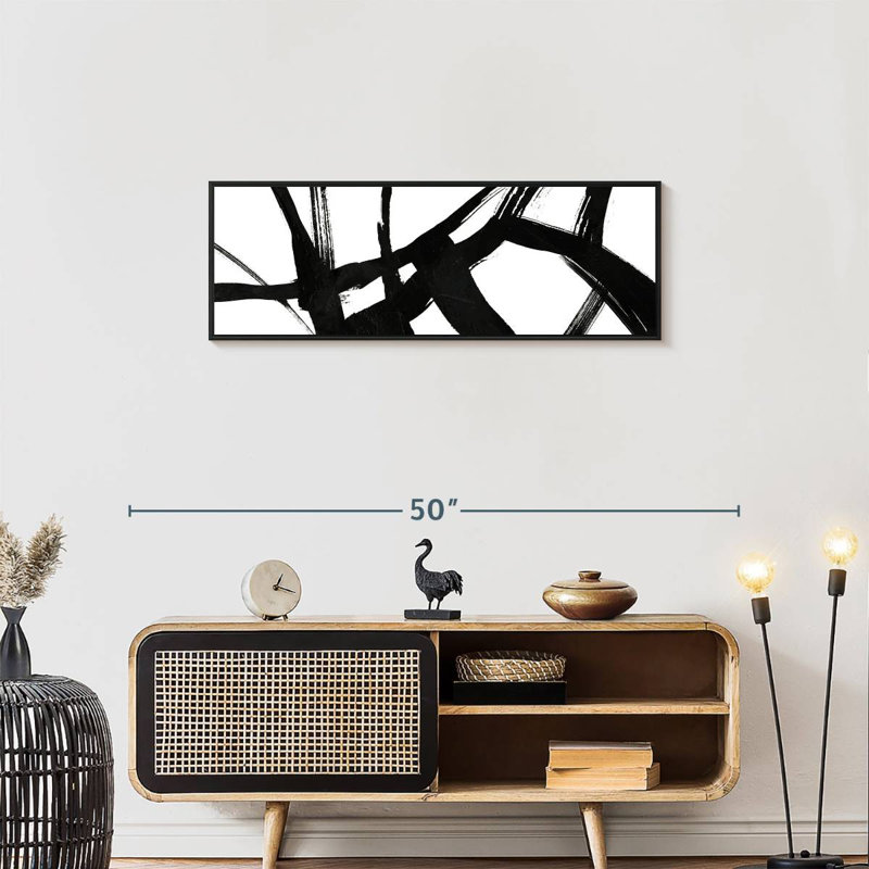 Encre noire stries V, 37 po x 13 po, Cadre flottant noir