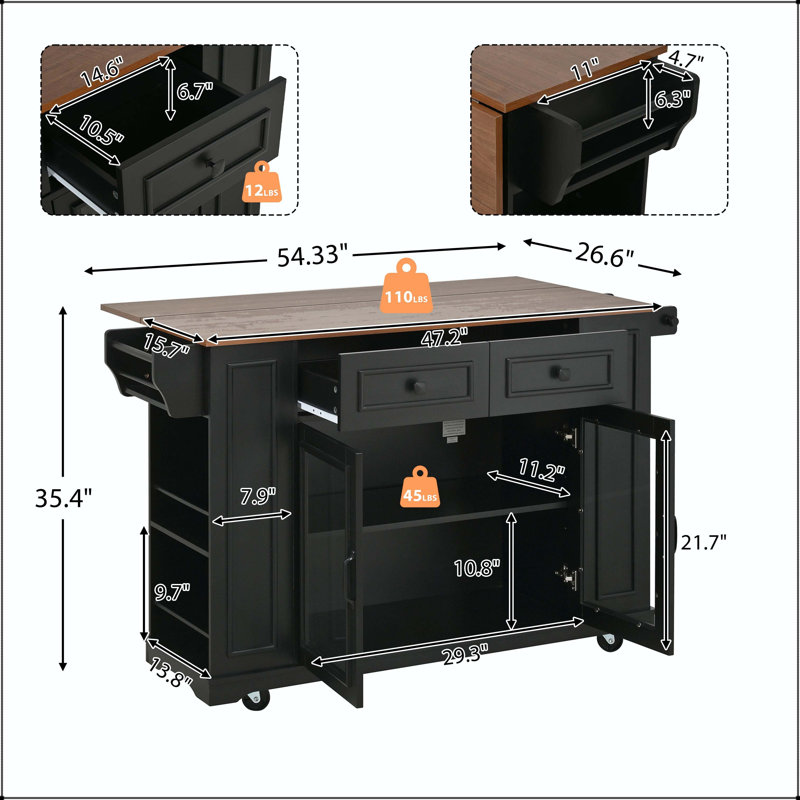 Îlot de cuisine 54 po avec rangement pour porte en verre, prise de courant et porte-couteau - noir, Noir, noyer